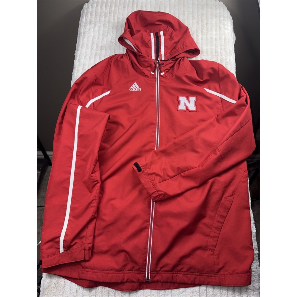 Adidas Nebraska Cornhuskers Windbreaker Jacket Men's L‎ Red Lined Climaproof